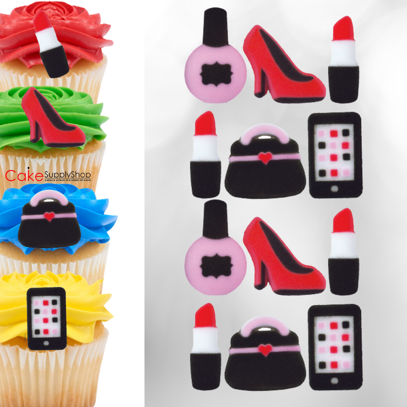 Diva Purse Shoe Nail Polish Edible Dessert Toppers Cake Cupcake Sugar Icing Decorations  -12ct