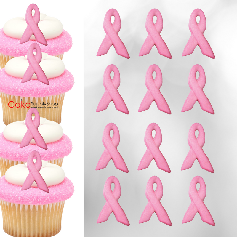 Pink Ribbon Edible Dessert Toppers Cake Cupcake Sugar Icing Decorations -12ct