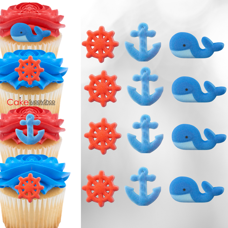 Nautical Whale Anchor Edible Dessert Toppers Cake Cupcake Sugar Icing Decorations -12ct