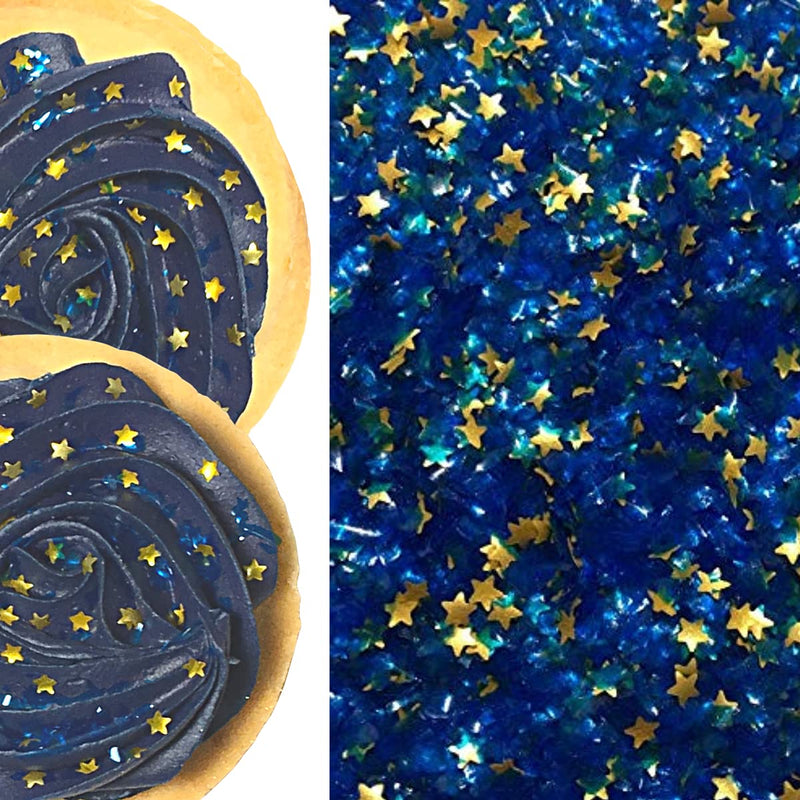 Royal Blue Glitter Flakes With Gold Stars Metallic Edible Shimmer Sparkle Glitter For Cakes And Cupcakes 2oz Jar