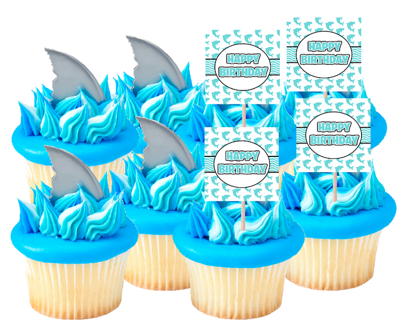 Shark Attach Finns & Shark Happy Birthday Cupcake Toppers 24pack