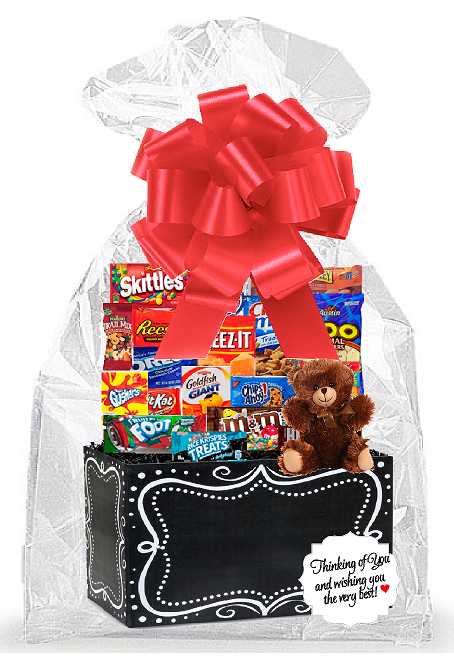 Black ChalkBoard College Student Thinking Of You Cookies, Candy & More Care Package Snack Gift Box Bundle Set