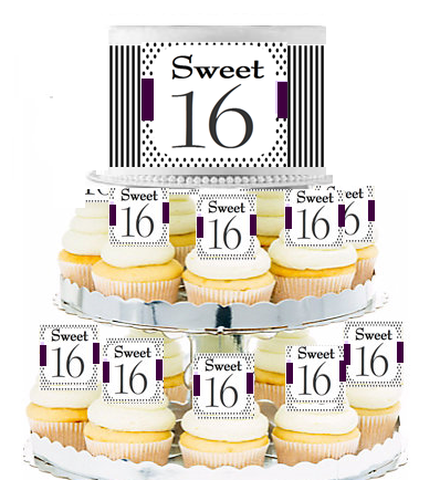 Sweet 16 Purple Stripes and Polka Dot  Edible Photo  & Edible Cupcake Decoration Toppers
