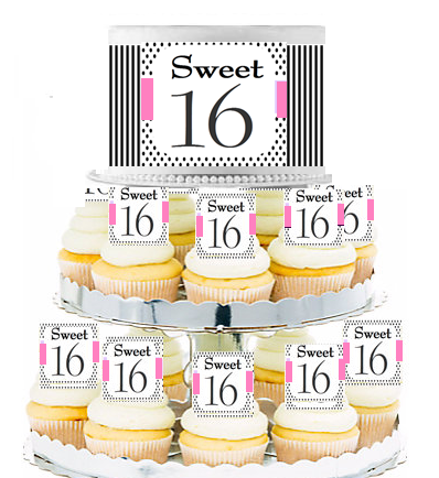 Sweet 16 Pink Stripes and Polka Dot  Edible Photo  & Edible Cupcake Decoration Toppers