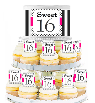 Sweet 16 Hot Pink Stripes and Polka Dot  Edible Photo  & Edible Cupcake Decoration Toppers