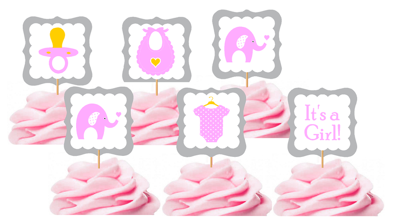 12pack Baby Elephant Assortment Pink Cupcake Toppers Food Picks