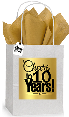 10th Cheers Birthday - Anniversary White and Gold Themed Small Party Favor Gift Bags Stickers Tags -12pack