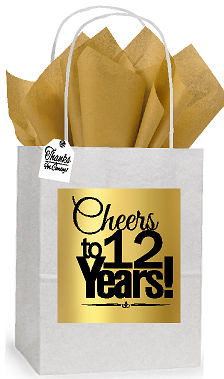 12th Cheers Birthday - Anniversary White and Gold Themed Small Party Favor Gift Bags Stickers Tags -12pack