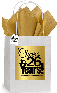 26th Cheers Birthday - Anniversary White and Gold Themed Small Party Favor Gift Bags Stickers Tags -12pack