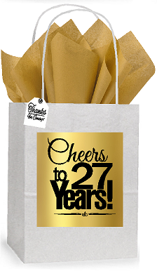27th Cheers Birthday - Anniversary White and Gold Themed Small Party Favor Gift Bags Stickers Tags -12pack
