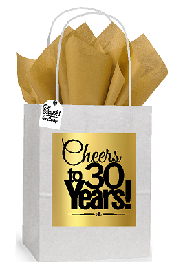 30th Cheers Birthday - Anniversary White and Gold Themed Small Party Favor Gift Bags Stickers Tags -12pack