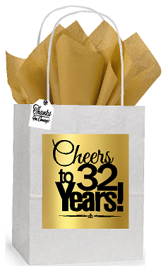 32nd Cheers Birthday - Anniversary White and Gold Themed Small Party Favor Gift Bags Stickers Tags -12pack