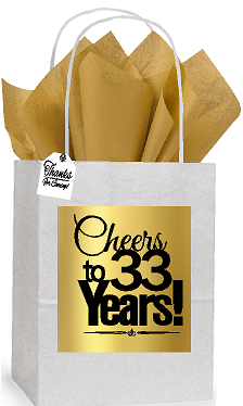 33rd Cheers Birthday - Anniversary White and Gold Themed Small Party Favor Gift Bags Stickers Tags -12pack