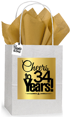 34th Cheers Birthday - Anniversary White and Gold Themed Small Party Favor Gift Bags Stickers Tags -12pack