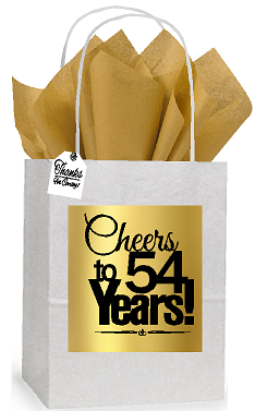 54th Cheers Birthday - Anniversary White and Gold Themed Small Party Favor Gift Bags Stickers Tags -12pack