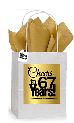 67th Cheers Birthday - Anniversary White and Gold Themed Small Party Favor Gift Bags Stickers Tags -12pack