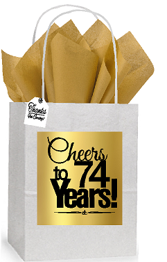 74th Cheers Birthday - Anniversary White and Gold Themed Small Party Favor Gift Bags Stickers Tags -12pack