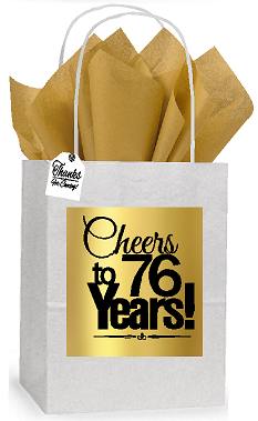 76th Cheers Birthday - Anniversary White and Gold Themed Small Party Favor Gift Bags Stickers Tags -12pack