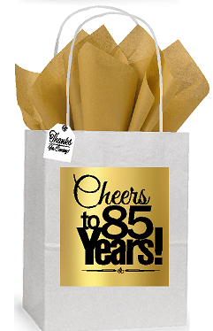 85th Cheers Birthday - Anniversary White and Gold Themed Small Party Favor Gift Bags Stickers Tags -12pack
