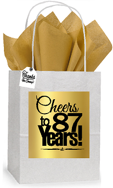 87th Cheers Birthday - Anniversary White and Gold Themed Small Party Favor Gift Bags Stickers Tags -12pack