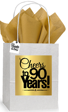 90th Cheers Birthday - Anniversary White and Gold Themed Small Party Favor Gift Bags Stickers Tags -12pack