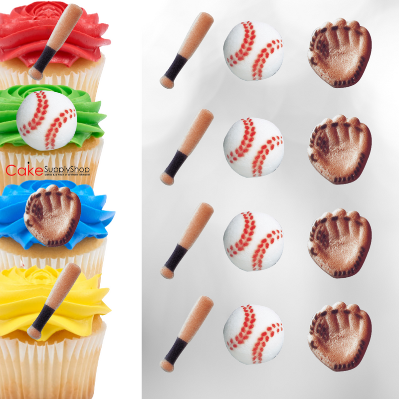 Baseball Gloves Bat Ball Edible Dessert Toppers Cake Cupcake Sugar Icing Decorations -12ct