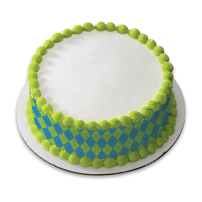 Tie Argyle Green & Blue Birthday Peel  & STick Edible Cake Topper Decoration for Cake Borders w. Sparkle Flakes & Favor Labels