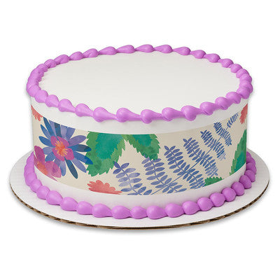 Watercolor Flowers Birthday Peel  & STick Edible Cake Topper Decoration for Cake Borders w. Sparkle Flakes & Favor Labels