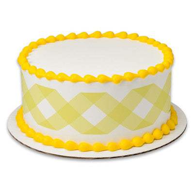 Yellow Gingham Birthday Peel  & STick Edible Cake Topper Decoration for Cake Borders w. Sparkle Flakes & Favor Labels