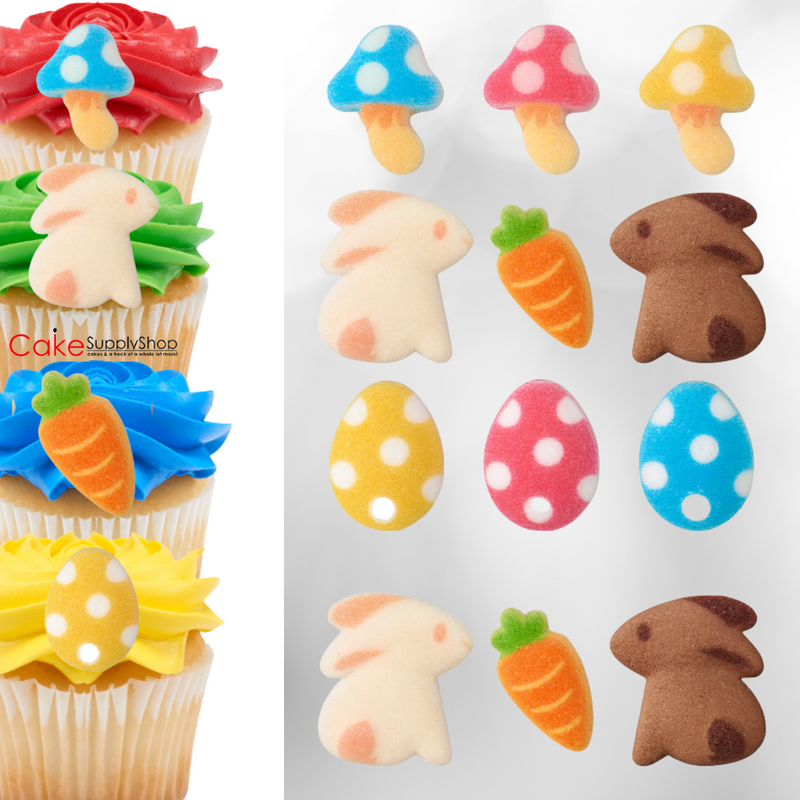 Easter Egg Carrot Mushroom Bunny Edible Sugar Decoration Toppers   - 12ct