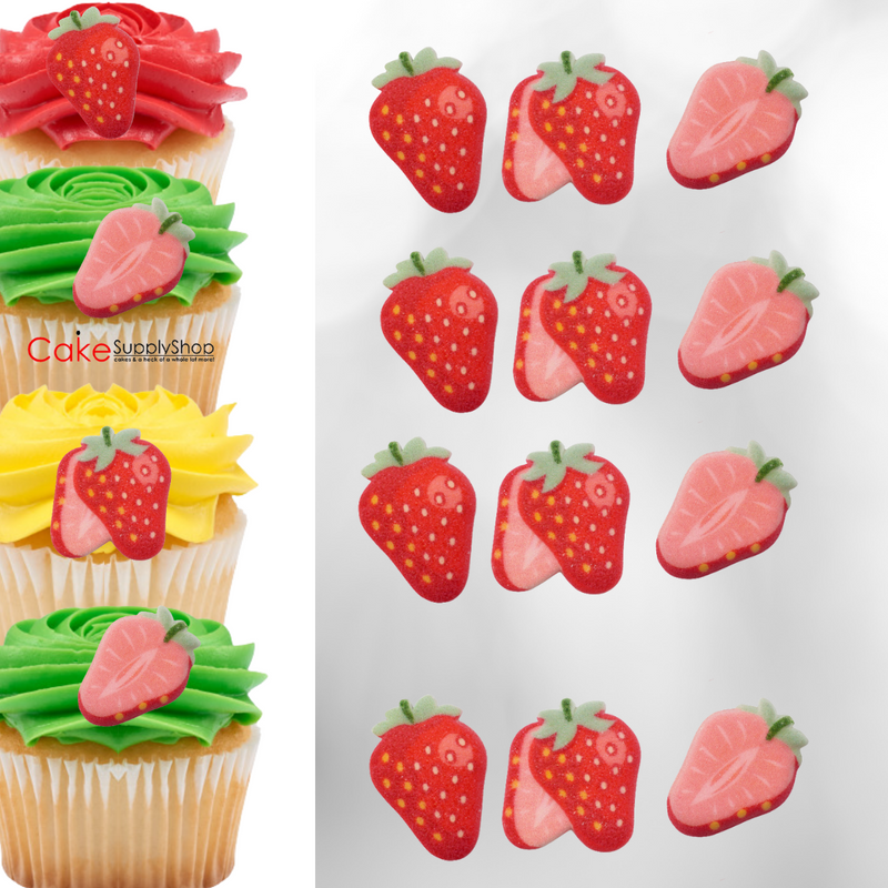 Strawberry Assortment Edible Cake Cupcake Sugar Decorations Toppers -12ct
