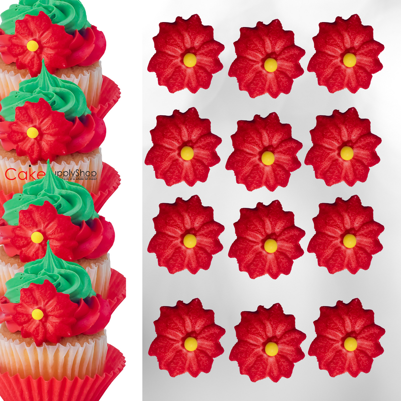 Poinsettia Edible Dessert Toppers Cake Cupcake Sugar Icing Decorations -12ct