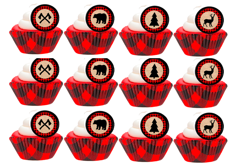 Lumberjack Black Baking cups with Kraft Easy Toppers Cupcake Decoration Party Favor Rings -24pk