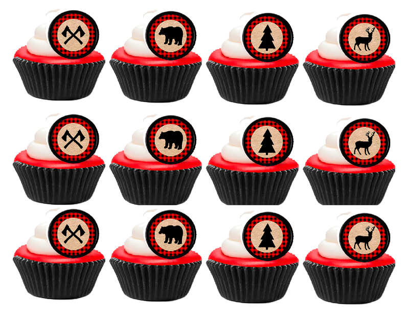 Lumberjack Black Baking cups with Kraft Easy Toppers Cupcake Decoration Party Favor Rings -12pk