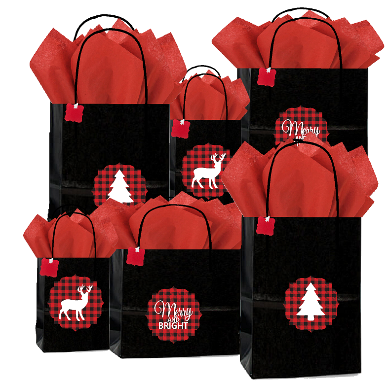 6pack - Lumberjack Buffalo Plaid Rustic Black Assorted Gift Bags 2Queen 2Vogue 2Cub with Tissues Gifts Tags Decorative Stickers