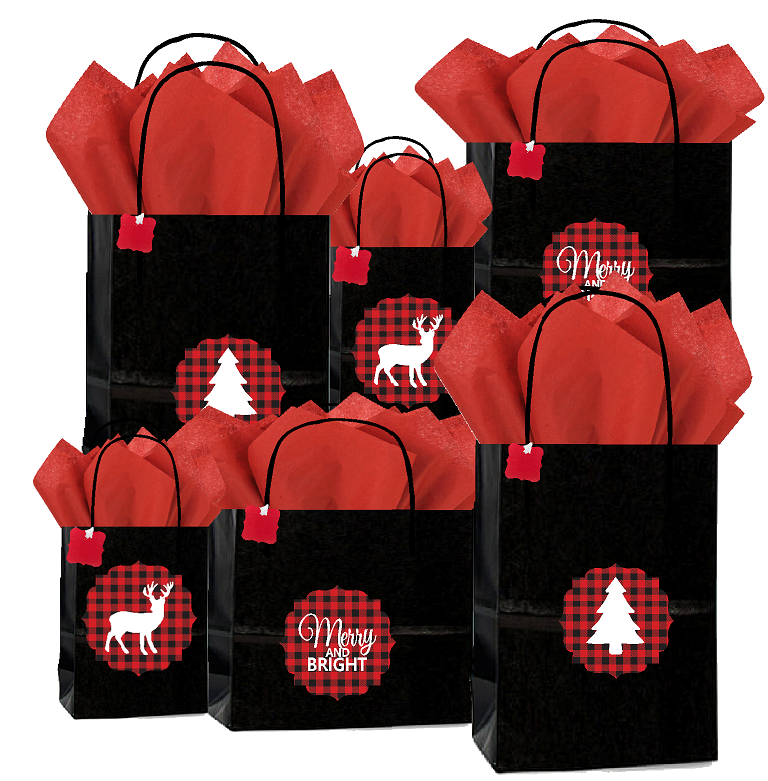 24Pack -Lumberjack Buffalo Plaid Rustic Black Assorted Gift Bags 6Queen 6Vogue 12Cub with Tissues Gifts Tags Decorative Stickers