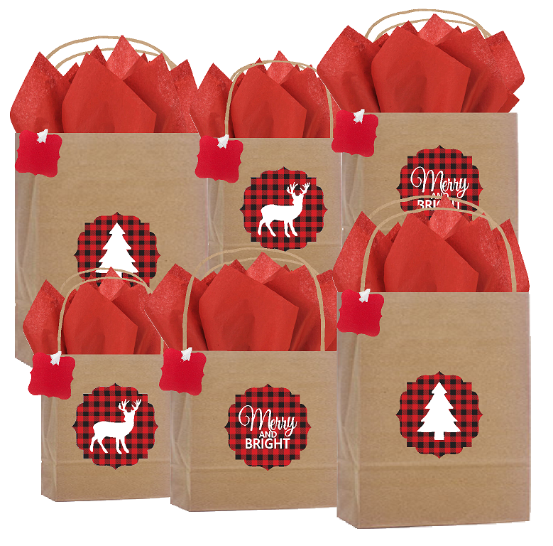 6pack - Lumberjack Buffalo Plaid Rustic Natural Kraft Assorted Gift Bags 2Queen 2Vogue 2Cub with Tissues Gifts Tags Decorative Stickers