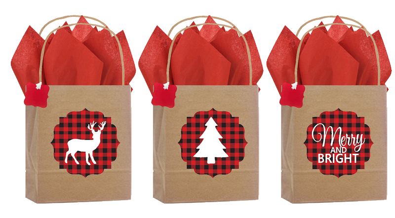 24pack- Lumberjack Buffalo Plaid Rustic Natural Kraft Cub Gift Bags with Tissues Gifts Tags Decorative Stickers