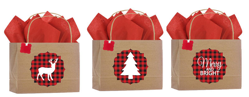 12pack- Lumberjack Buffalo Plaid Rustic Natural Kraft Vogue Gift Bags with Tissues Gifts Tags Decorative Stickers