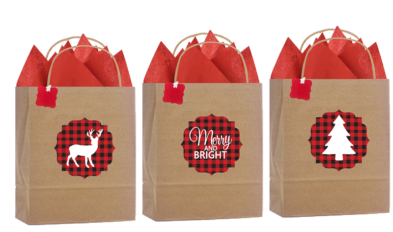 6pack- Lumberjack Buffalo Plaid Rustic Natural Kraft Large Queen Gift Bags with Tissues Gifts Tags Decorative Stickers