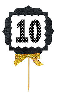 10th Birthday - Anniversary Gold Ribbon Hand Crafted Novelty Cupcake Decoration Toppers -  Picks -12ct