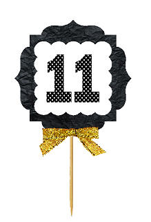 11th Birthday - Anniversary Gold Ribbon Hand Crafted Novelty Cupcake Decoration Toppers -  Picks -12ct