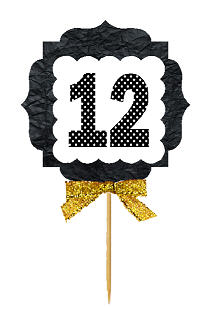 12th Birthday - Anniversary Gold Ribbon Hand Crafted Novelty Cupcake Decoration Toppers -  Picks -12ct