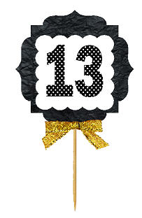 13th Birthday - Anniversary Gold Ribbon Hand Crafted Novelty Cupcake Decoration Toppers -  Picks -12ct