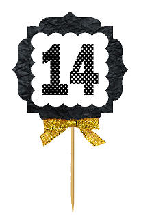 14th Birthday - Anniversary Gold Ribbon Hand Crafted Novelty Cupcake Decoration Toppers -  Picks -12ct
