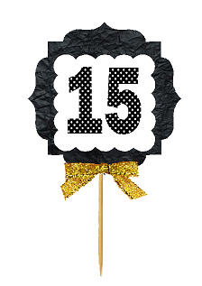 15th Birthday - Anniversary Gold Ribbon Hand Crafted Novelty Cupcake Decoration Toppers -  Picks -12ct