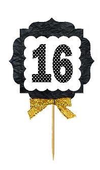 16th Birthday - Anniversary Gold Ribbon Hand Crafted Novelty Cupcake Decoration Toppers -  Picks -12ct