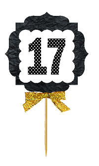 17th Birthday - Anniversary Gold Ribbon Hand Crafted Novelty Cupcake Decoration Toppers -  Picks -12ct