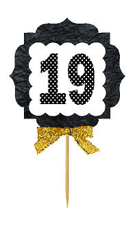 19th Birthday - Anniversary Gold Ribbon Hand Crafted Novelty Cupcake Decoration Toppers -  Picks -12ct