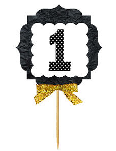 1st Birthday - Anniversary Gold Ribbon Hand Crafted Novelty Cupcake Decoration Toppers -  Picks -12ct